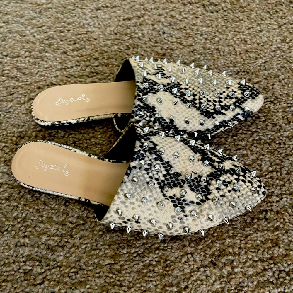 Qupid snake skin studded mules